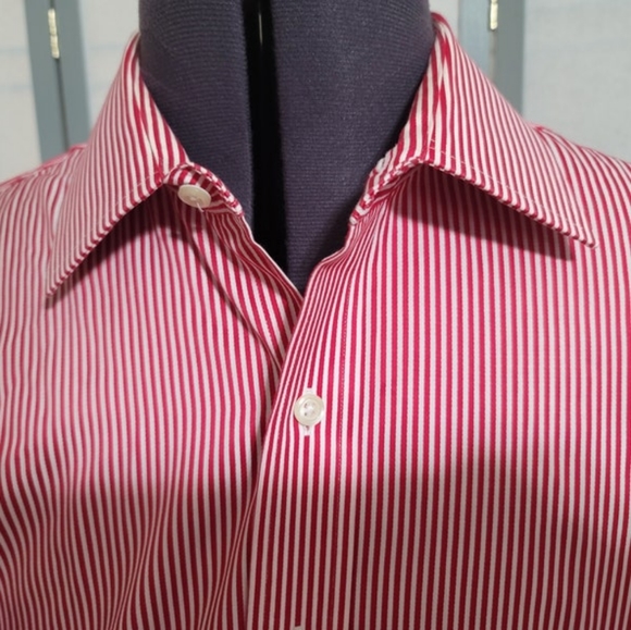 Paul Fredrick 17-1/2" - 33" Red and White Striped Oxford Buttondown - Picture 2 of 3